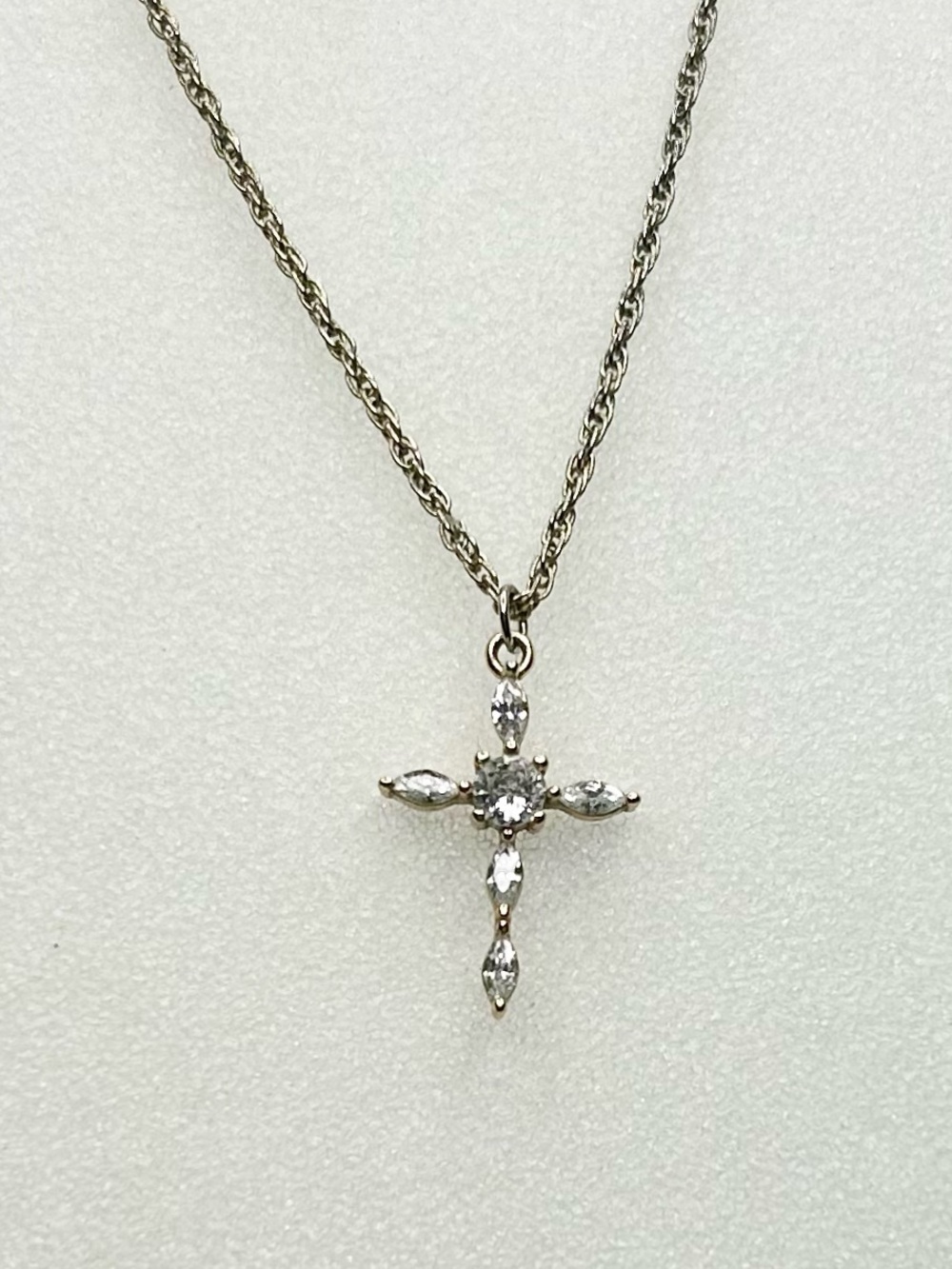 Gold Tone Cross Pendant on Silver Tone Necklace with Clear Stones - White